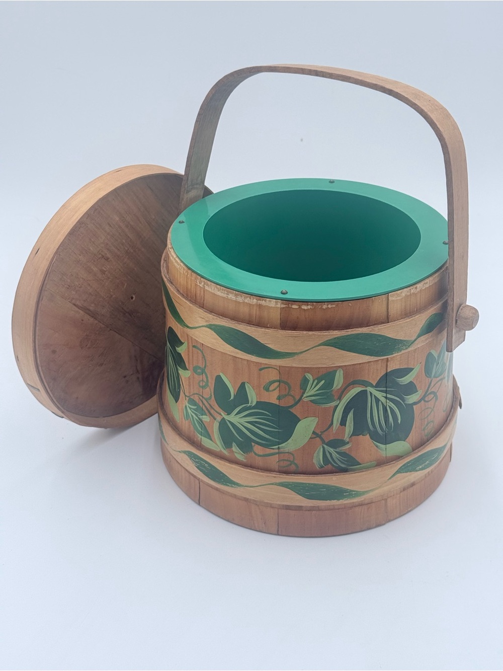 Vintage Jerywil Hand Painted Wooden Firkin Bucket Folk Art Floral Rustic Decor